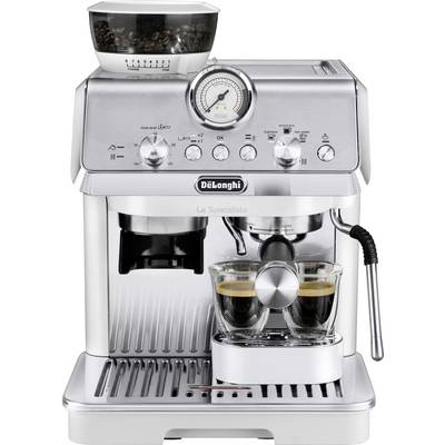Kaffeemaschine, die zwei Espresso-Schüsse brüht, mit integriertem Mahlwerk und Druckanzeige in elegantem Edelstahldesign.