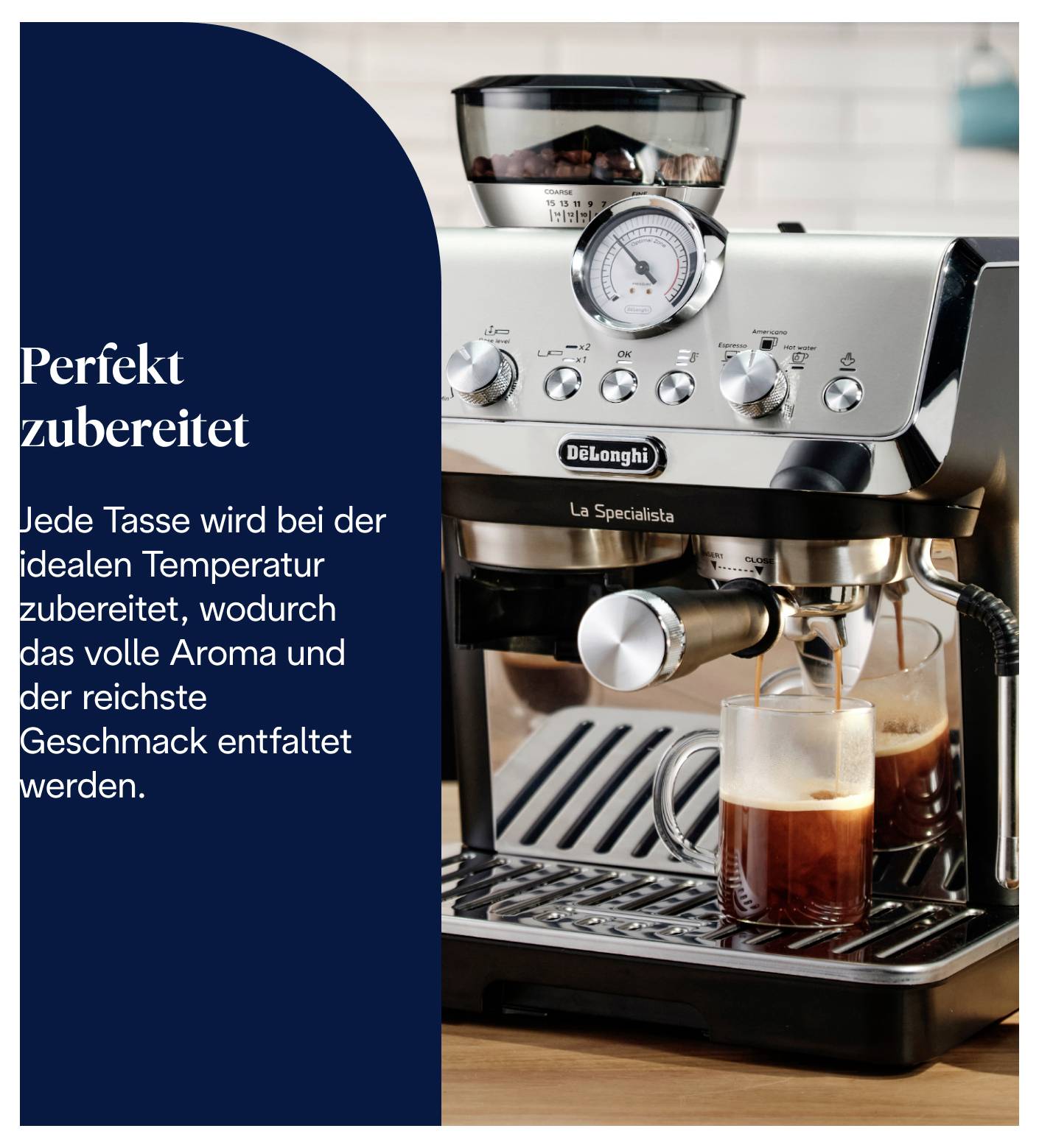 DeLonghi La Specialista Siebträgermaschine bereitet Espresso zu; Text betont perfekte Brühtemperatur für volles Aroma und reichen Geschmack.