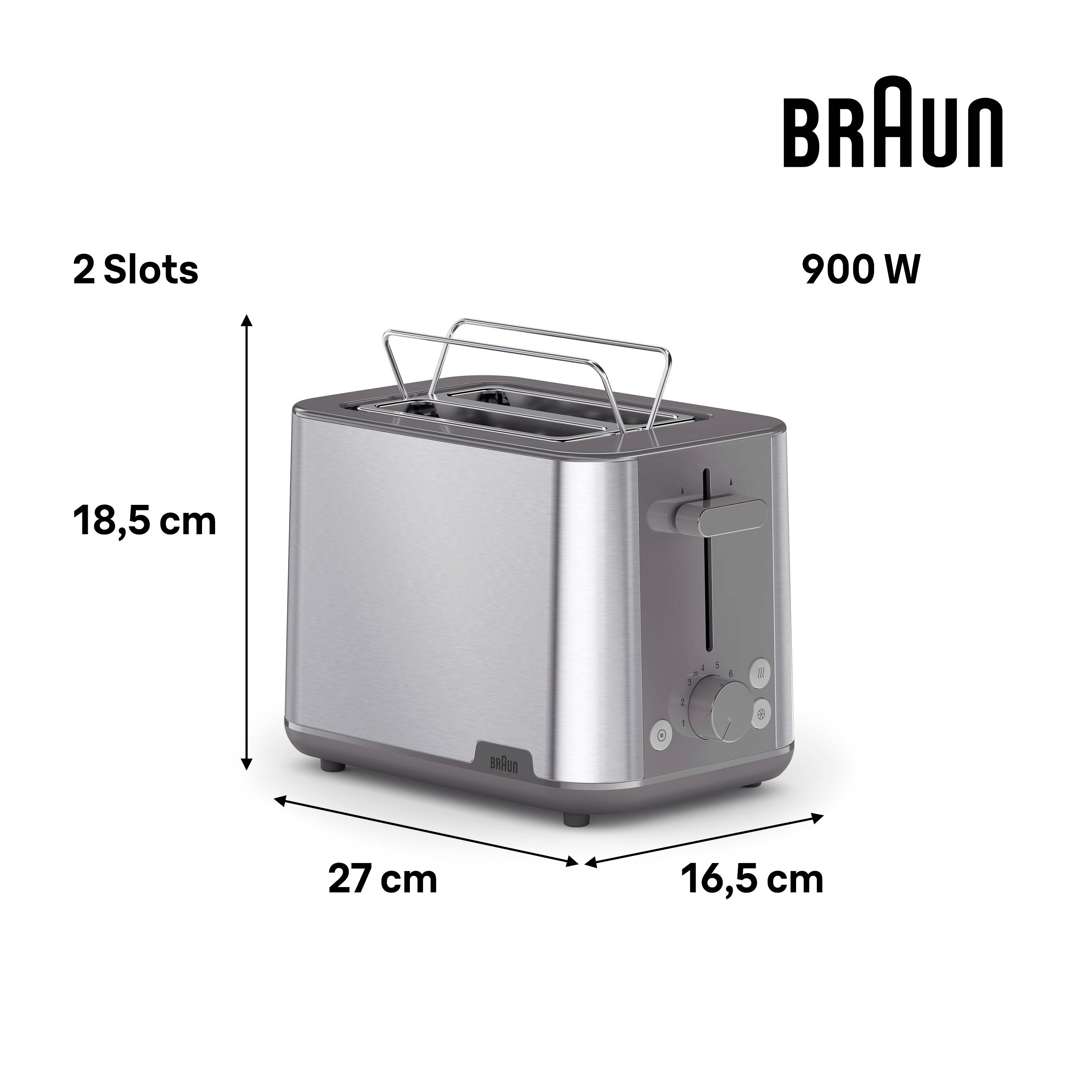 Ein silberner Toaster mit zwei Schlitzen, einstellbaren Funktionen und Abmessungen von 18,5 cm Höhe, 27 cm Breite, 16,5 cm Tiefe. Leistung: 900 Watt.