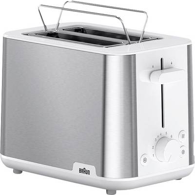 Ein moderner Toaster aus Edelstahl mit zwei Schlitzen, ausgestattet mit einem Wählrad für Bräunungsstufen und Tasten für Auftau- und Aufwärmfunktionen.