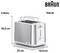 Braun 900 W Toaster mit 2 Schlitzen, Abmessungen: 27 cm breit, 16,5 cm tief, 18,5 cm hoch.