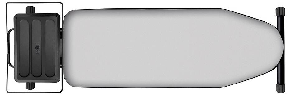 Draufsicht eines grauen Bügelbretts mit einer schwarzen Bügeleisen-Ablage auf der linken Seite.