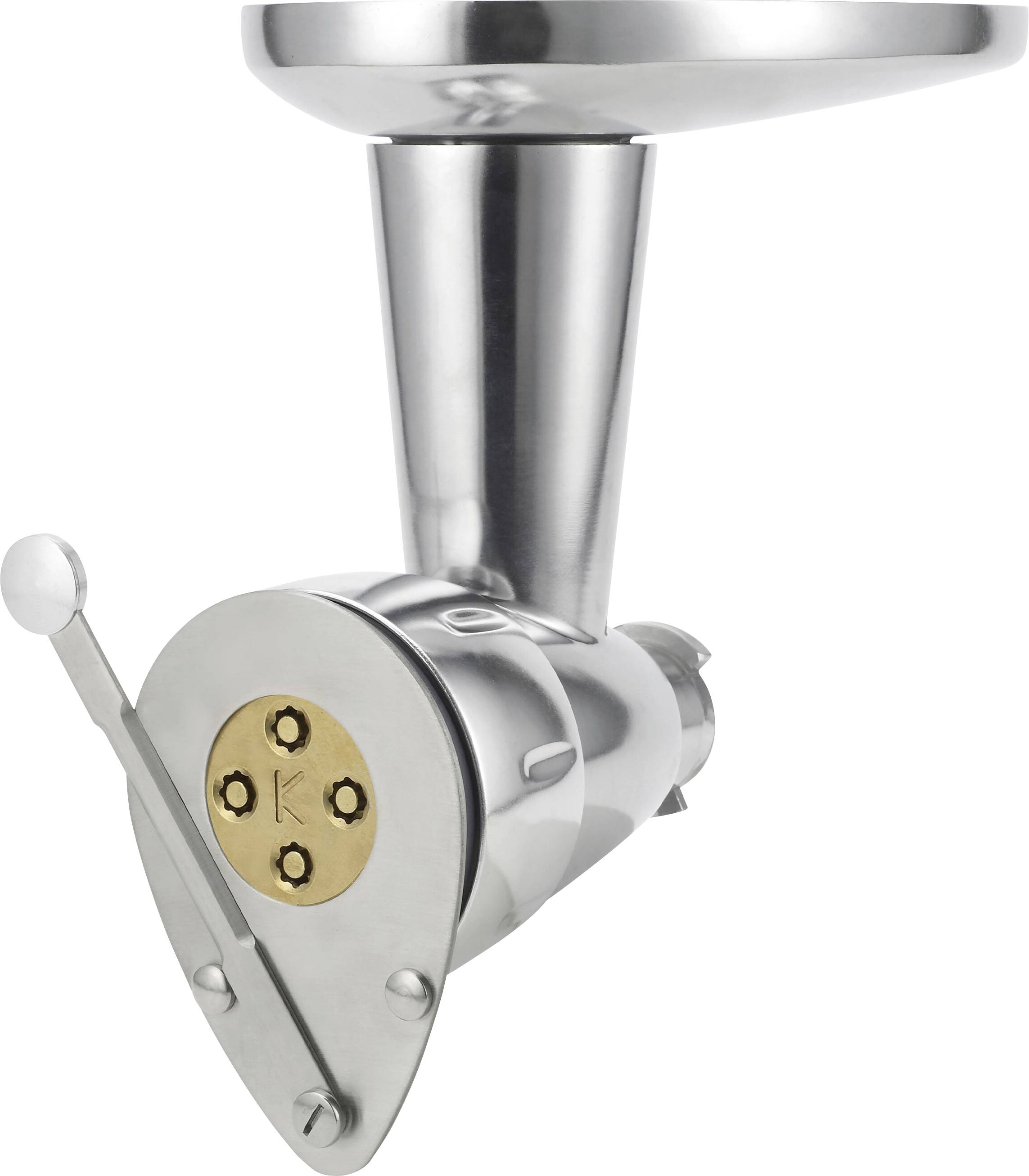 Ein glänzender Fleischwolf-Aufsatz aus Edelstahl, der mit einem Griff, einer runden Schneidscheibe und einem großen Einfülltrichter ausgestattet ist und einsatzbereit ist.