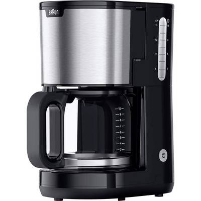 Eine elegante Kaffeemaschine in Schwarz und Edelstahl mit einer Glaskanne, Wasserstandsanzeige und Einschaltknopf an der Basis.