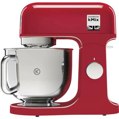 Ein roter Kenwood kMix Küchenmaschine mit einer Schüssel aus Edelstahl, mit modernem Design und Logo auf dem Motorgehäuse.