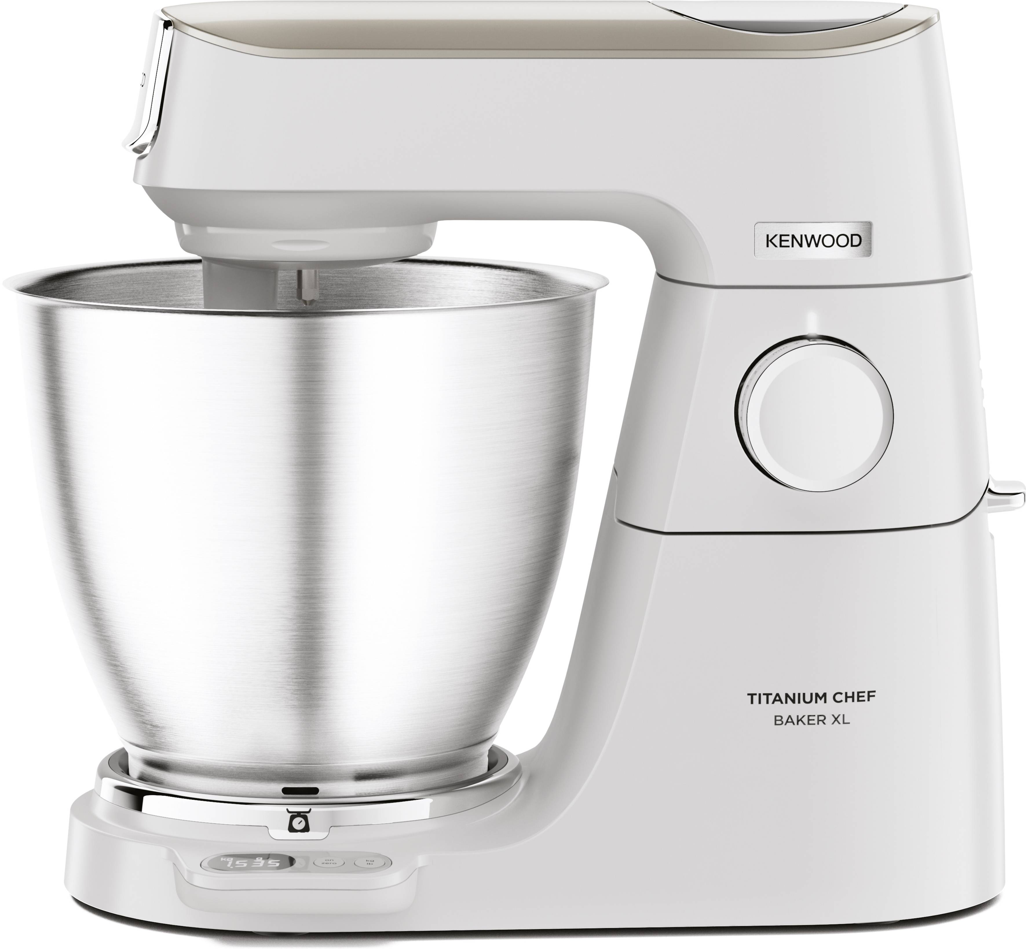 Ein weißer Kenwood Titanium Chef Baker XL Küchenmaschine mit einer Schüssel aus Edelstahl, ausgestattet mit einem Einstellungsrädchen und sichtbarem Markenlogo.