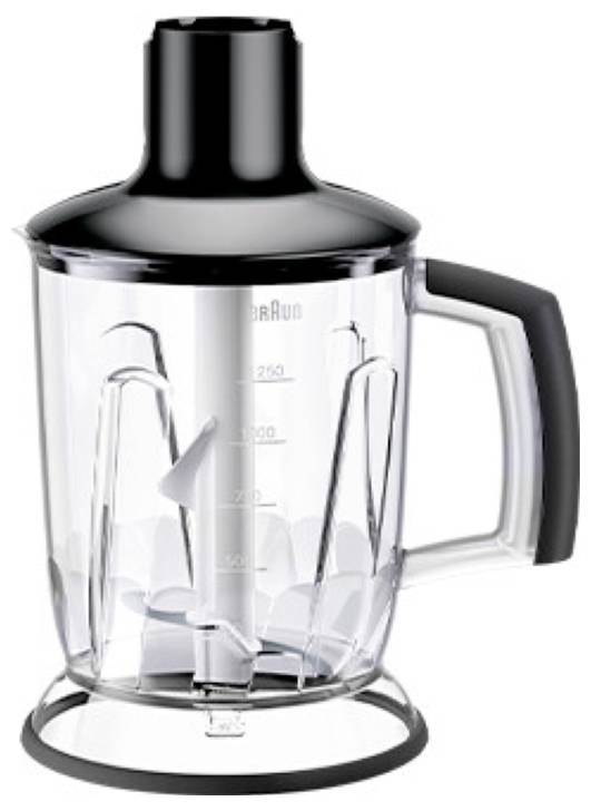 Eine transparente Mixerkanne mit einem schwarzen Deckel und Griff, die Messskalen bis zu 1250 ml aufweist und zum Mischen von Flüssigkeiten und festen Stoffen konzipiert ist.