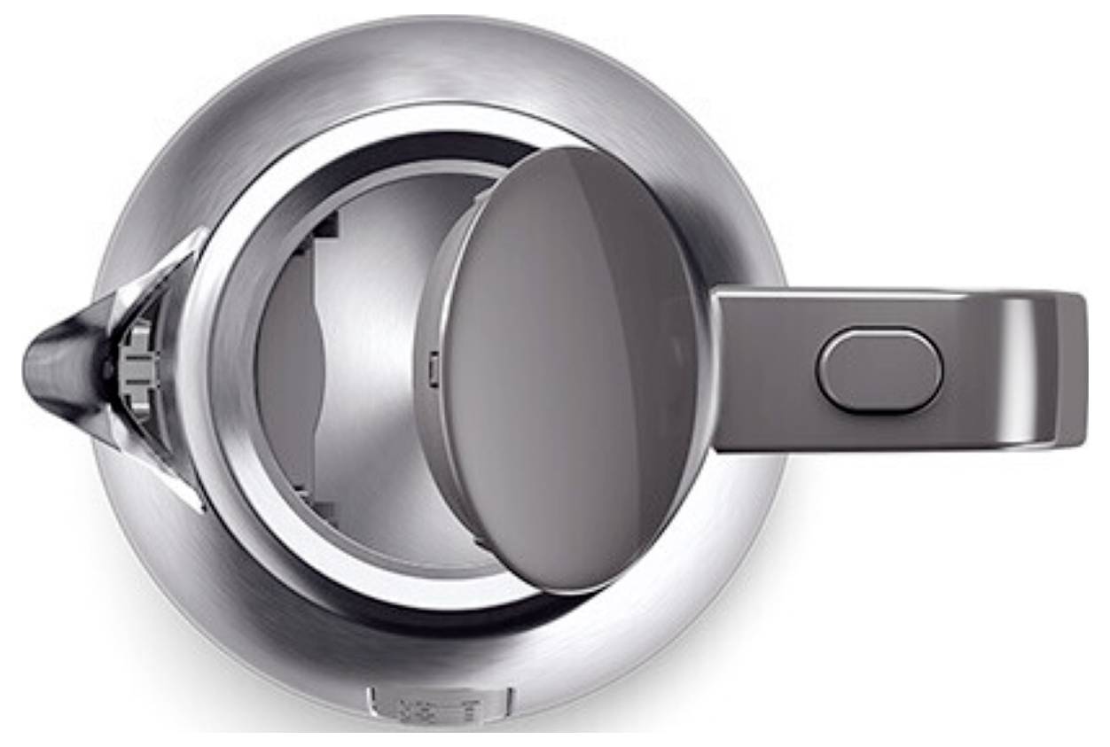 Draufsicht eines geöffneten elektrischen Wasserkessels aus Edelstahl mit sichtbarem Ausguss, Griff und integriertem Heizelement.