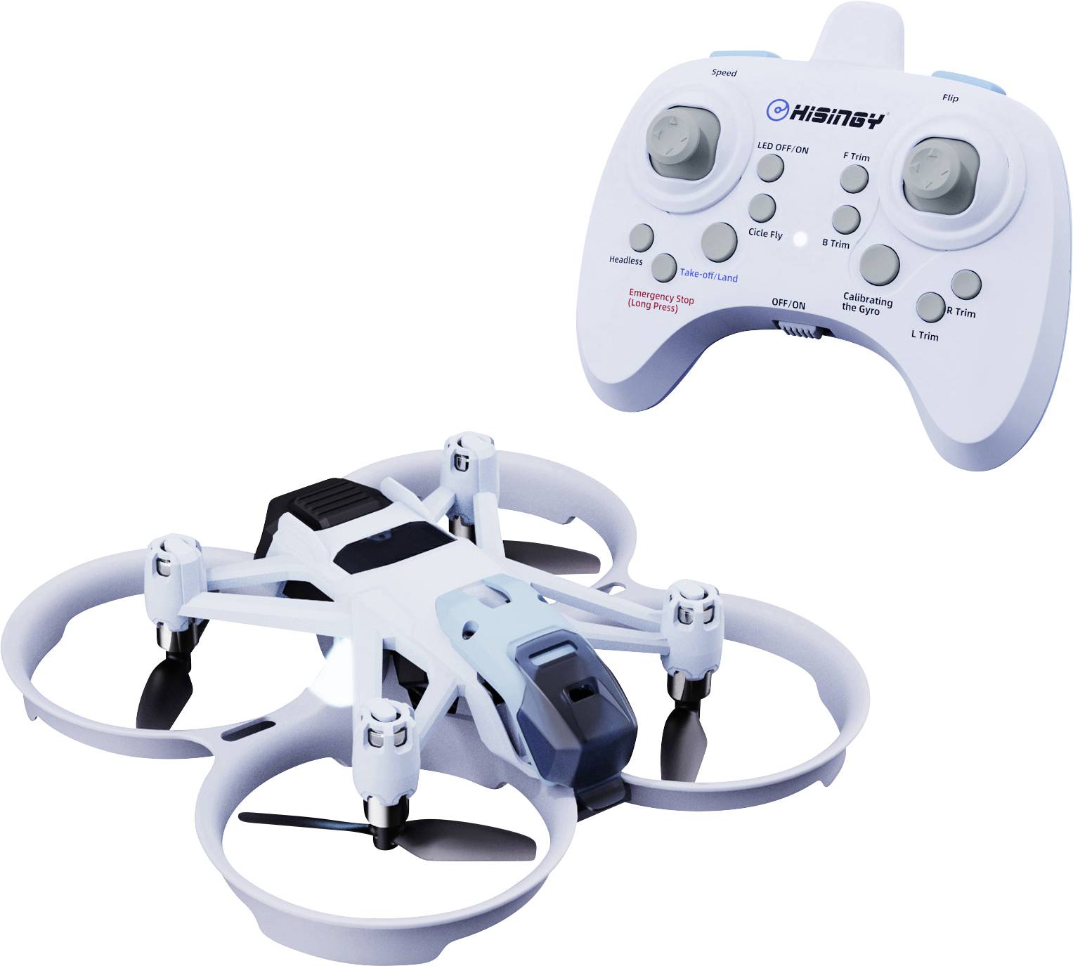 Eine kleine, weiße Drohne mit schützenden Rundrahmen um ihre Propeller wird neben einer passenden weißen Fernbedienung mit verschiedenen Knöpfen und Joysticks gezeigt.