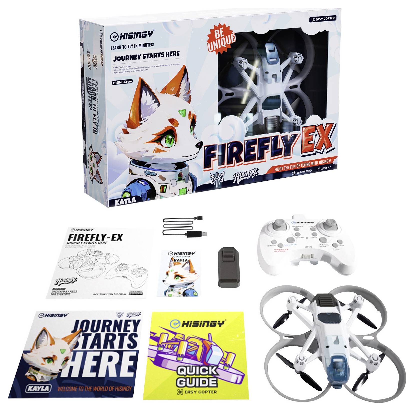 Ein Drohnen-Kit mit Fernsteuerung, Bedienungsanleitungen und Zubehör. Die Schachtel zeigt einen illustrierten Fuchs und die Texte „Firefly EX" und „Die Reise beginnt hier."