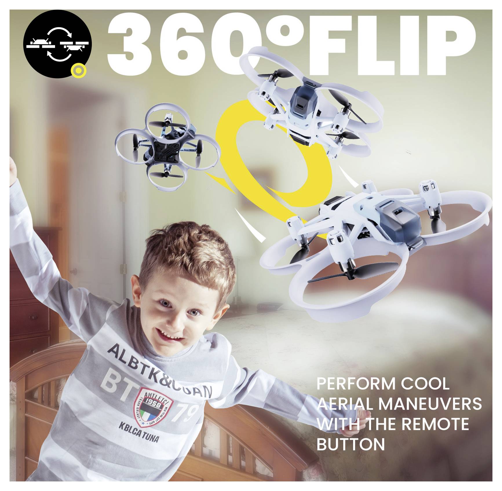 Ein junger Junge beobachtet aufgeregt zwei Drohnen, die im Schlafzimmer einen 360-Grad-Flip durchführen. Der Text lautet: „Führe coole Flugmanöver mit der Fernbedienungstaste auf."