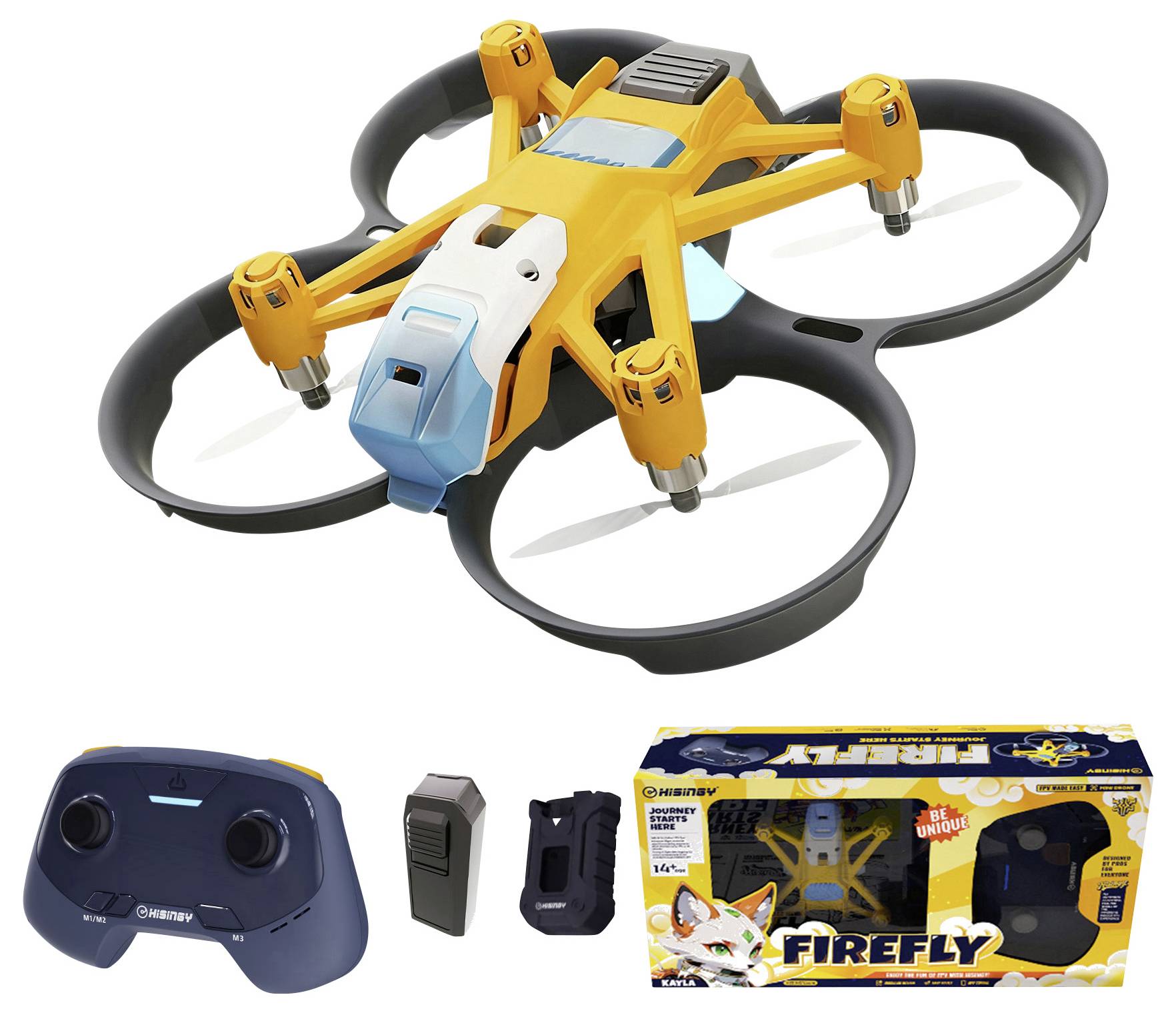 Ein gelb-schwarzer Quadcopter mit Kamera, Propellerschutzvorrichtungen und Fahrwerk; mit Fernbedienung und wiederaufladbarem Akku.