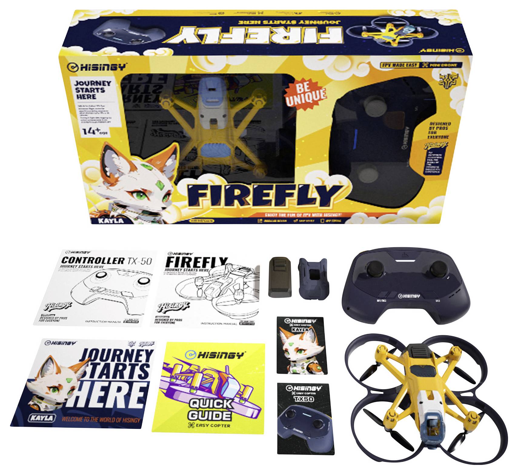 „Firefly"-Drohnen-Verpackung mit gelb-schwarzem Design, Fernbedienung, Drohne und Handbücher ausgestellt. Mit Fuchsfigur, gekennzeichnet mit „Be Unique".