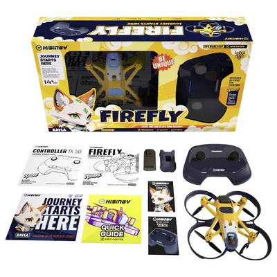 „Firefly"-Drohnen-Verpackung mit gelb-schwarzem Design, Fernbedienung, Drohne und Handbücher ausgestellt. Mit Fuchsfigur, gekennzeichnet mit „Be Unique".