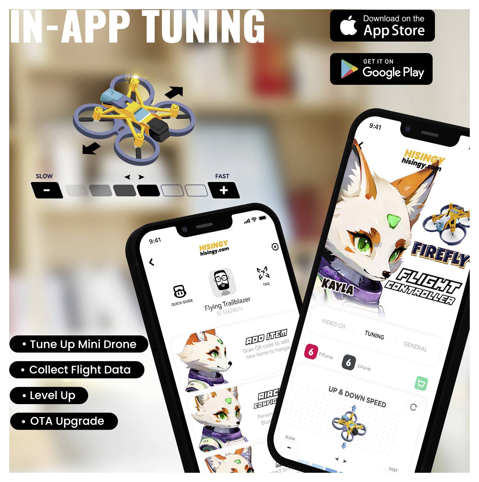 'IN-APP-TUNING'-Anzeige einer Drohnen-App, die Abstimmungssteuerelemente, eine Fuchsfigur und Optionen für Abstimmung, Flugdaten und Upgrades zeigt.