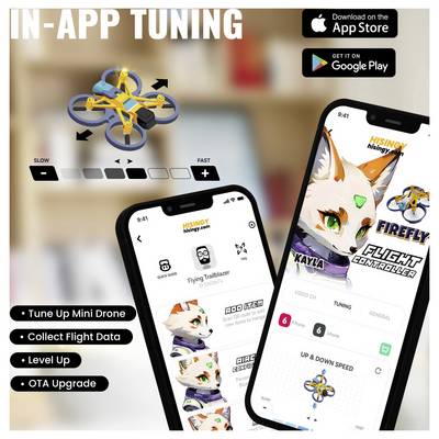 'IN-APP-TUNING'-Anzeige einer Drohnen-App, die Abstimmungssteuerelemente, eine Fuchsfigur und Optionen für Abstimmung, Flugdaten und Upgrades zeigt.