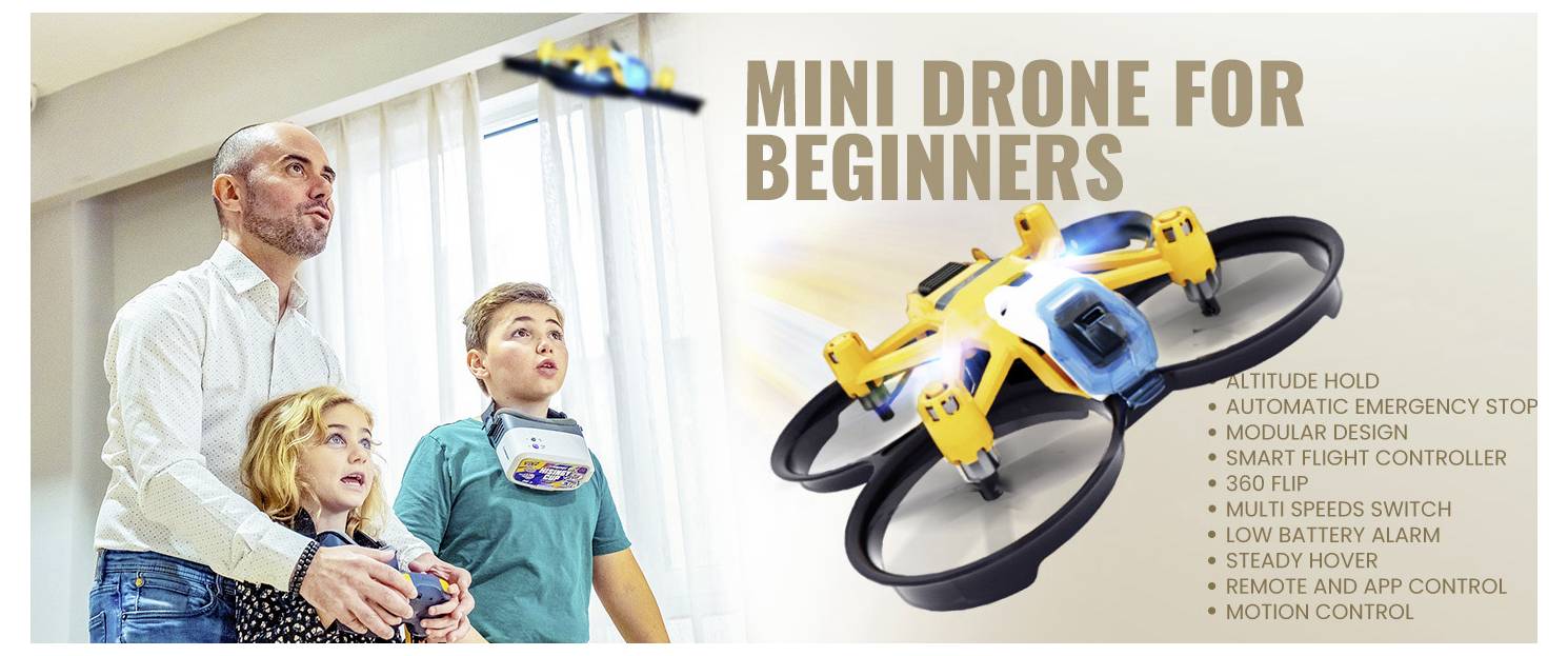 Eine farbenfrohe Drohne mit aufgelisteten Funktionen wie "Höhenhaltung" und "360er-Drehung" fliegt, während eine dreiköpfige Familie fasziniert zusieht.