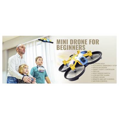 Eine farbenfrohe Drohne mit aufgelisteten Funktionen wie "Höhenhaltung" und "360er-Drehung" fliegt, während eine dreiköpfige Familie fasziniert zusieht.