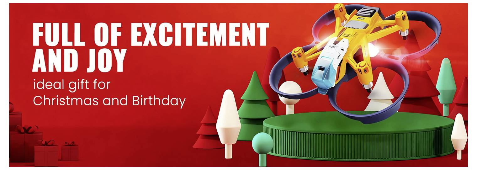 Ein Spielzeugdrohne schwebt über einer weihnachtlich gestalteten Plattform mit Bäumen. Der Text lautet: „Voller Aufregung und Freude, das ideale Geschenk für Weihnachten und Geburtstag."