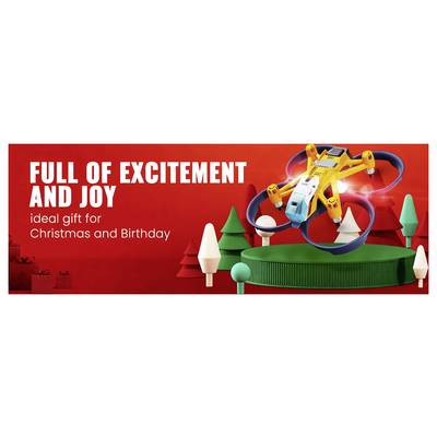 Ein Spielzeugdrohne schwebt über einer weihnachtlich gestalteten Plattform mit Bäumen. Der Text lautet: „Voller Aufregung und Freude, das ideale Geschenk für Weihnachten und Geburtstag."