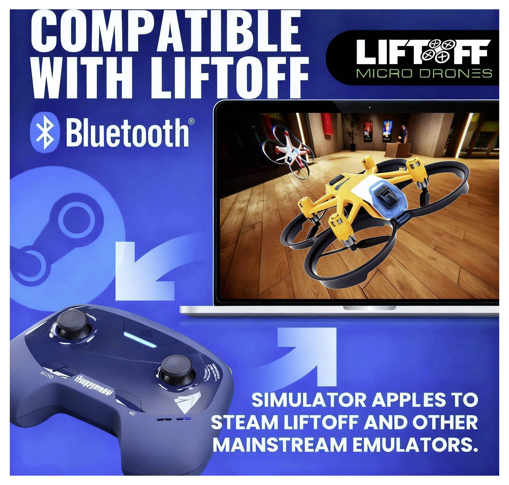 „Kompatibel mit Liftoff Micro Drones" ist geschrieben. Ein Bluetooth-Controller und ein Laptop-Display zeigen eine gelbe Drohne in einem Simulator an.