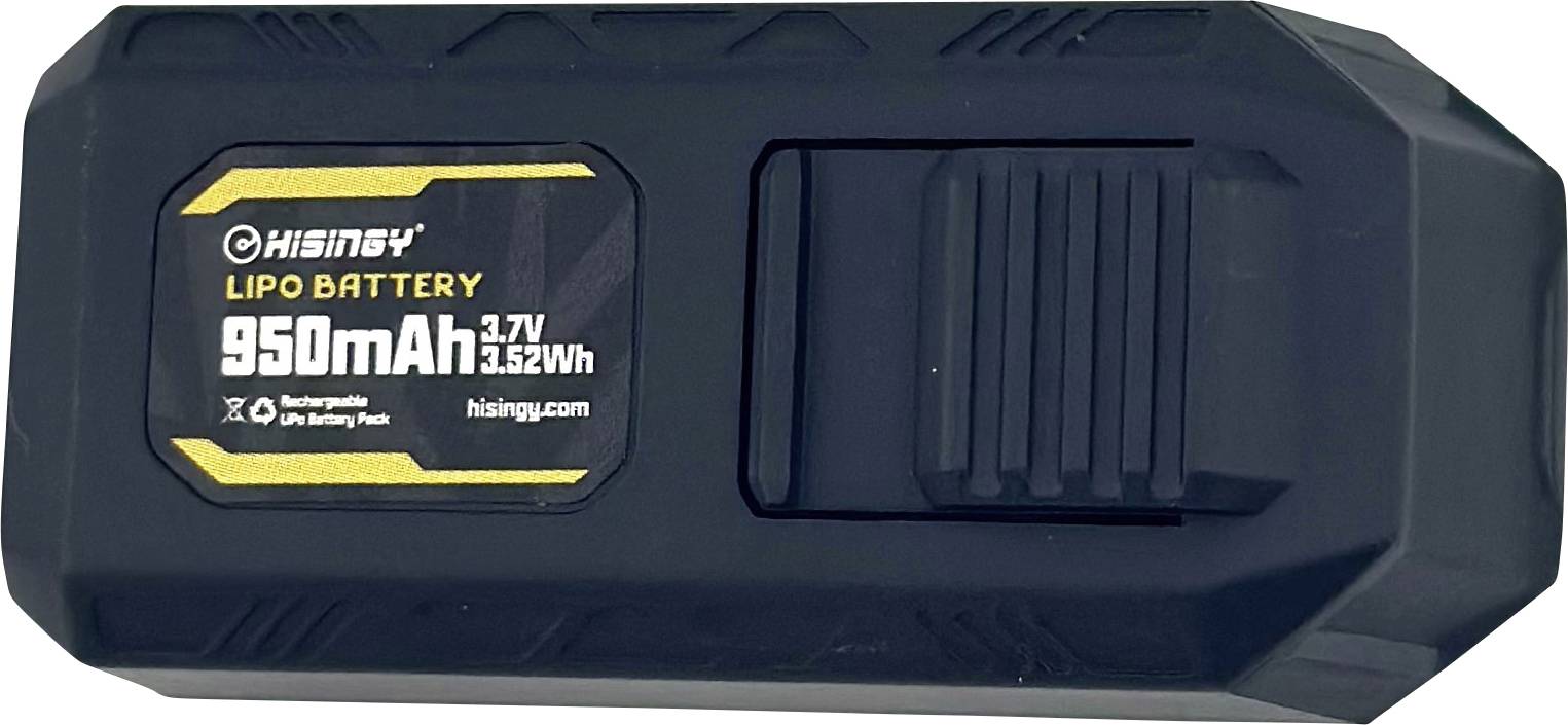 Eine schwarze wiederaufladbare Lithium-Polymer-Batterie mit der Aufschrift „Lipo Battery 950mAh 3.7V 3.52Wh" und dem Namen des Herstellers.