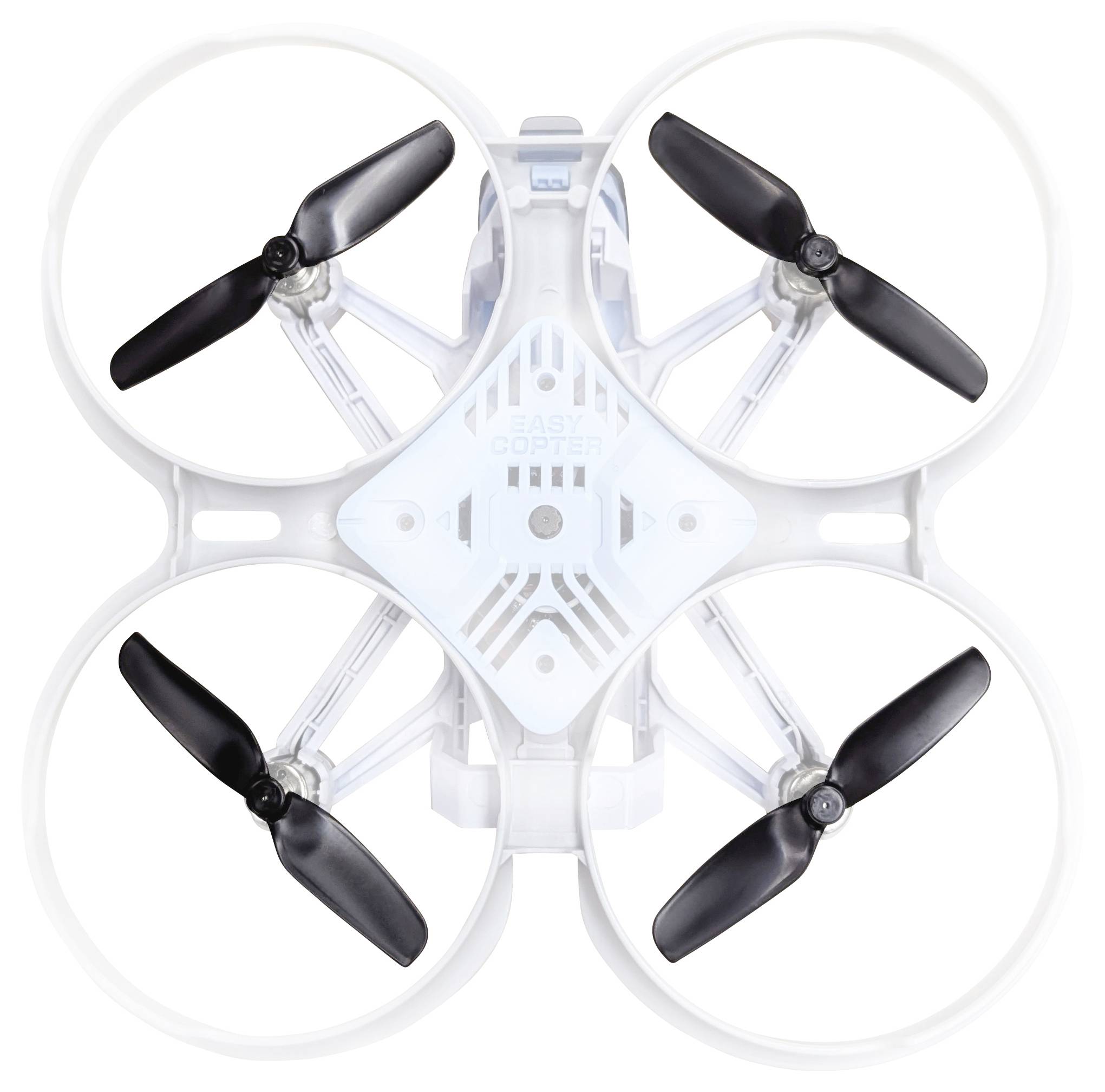 Eine weiße Quadcopter-Drohne, Draufsicht, mit Schutzringen, die jeden der vier schwarzen Propeller schützen.
