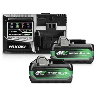 Dieses Bild zeigt ein HiKOKI-Ladegerät und zwei Multi Volt Akkus, die ihre Kompatibilität mit 18V- und 36V-Werkzeugen demonstrieren.