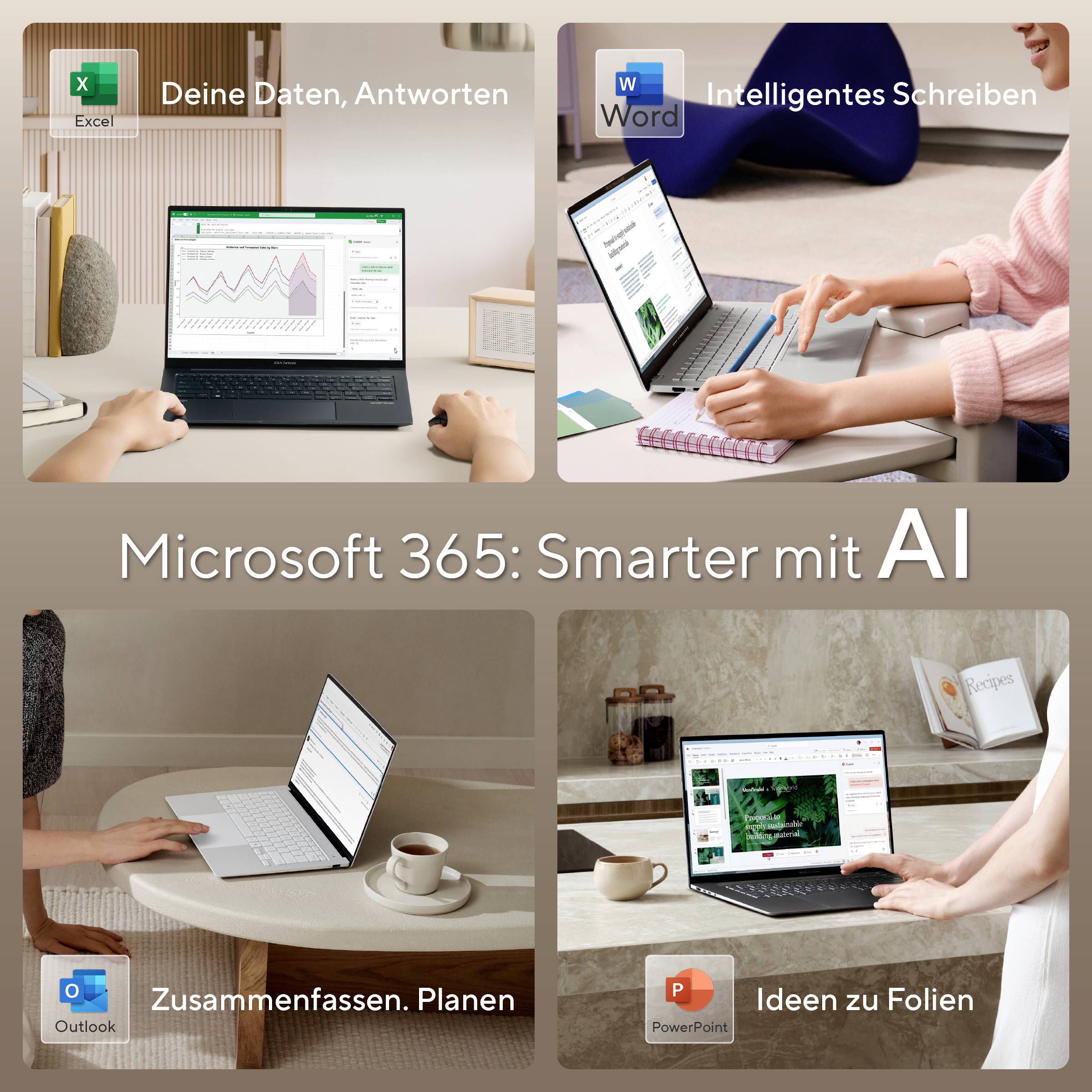 Zwei Personen arbeiten mit Laptops, die Microsoft 365-Anwendungen Excel und Word zeigen. Themen: Datenanalyse, intelligentes Schreiben.