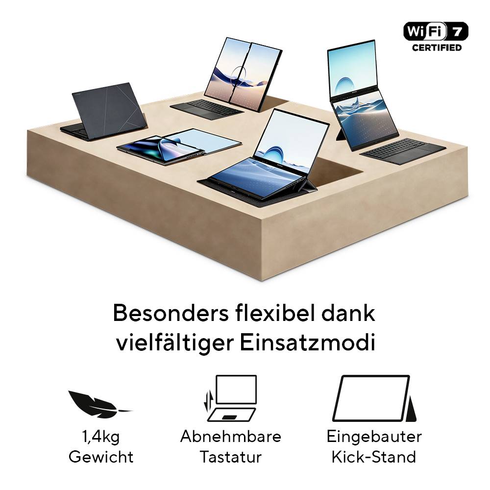 Sechs Laptops mit abnehmbarer Tastatur und Kick-Stand. Text 'Besonders flexibel dank vielfältiger Einsatzmodi'. Gewicht: 1,4 kg.