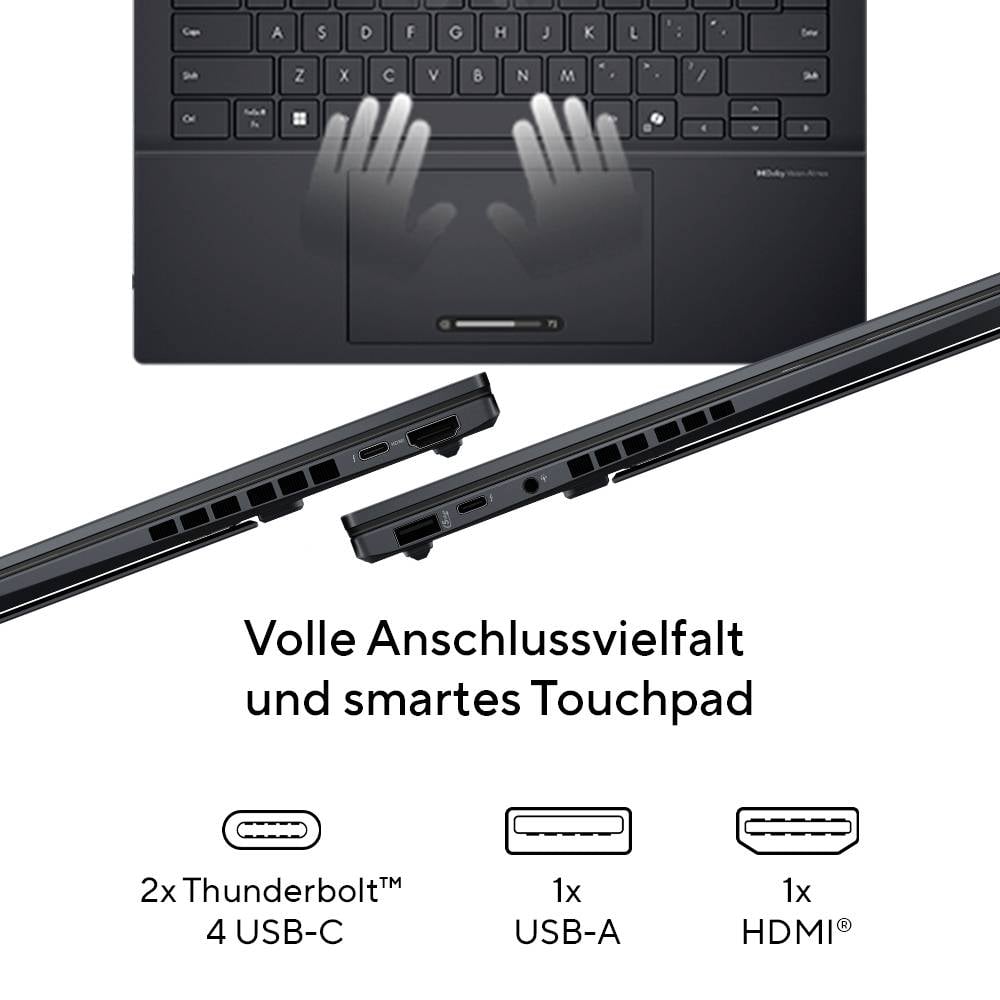 Laptop mit beleuchtetem Touchpad; zeigt Hände in Interaktion. Text: 'Volle Anschlussvielfalt und smartes Touchpad'. Symbole für 2x Thunderbolt, 4x USB-C, 1x USB-A, 1x HDMI.