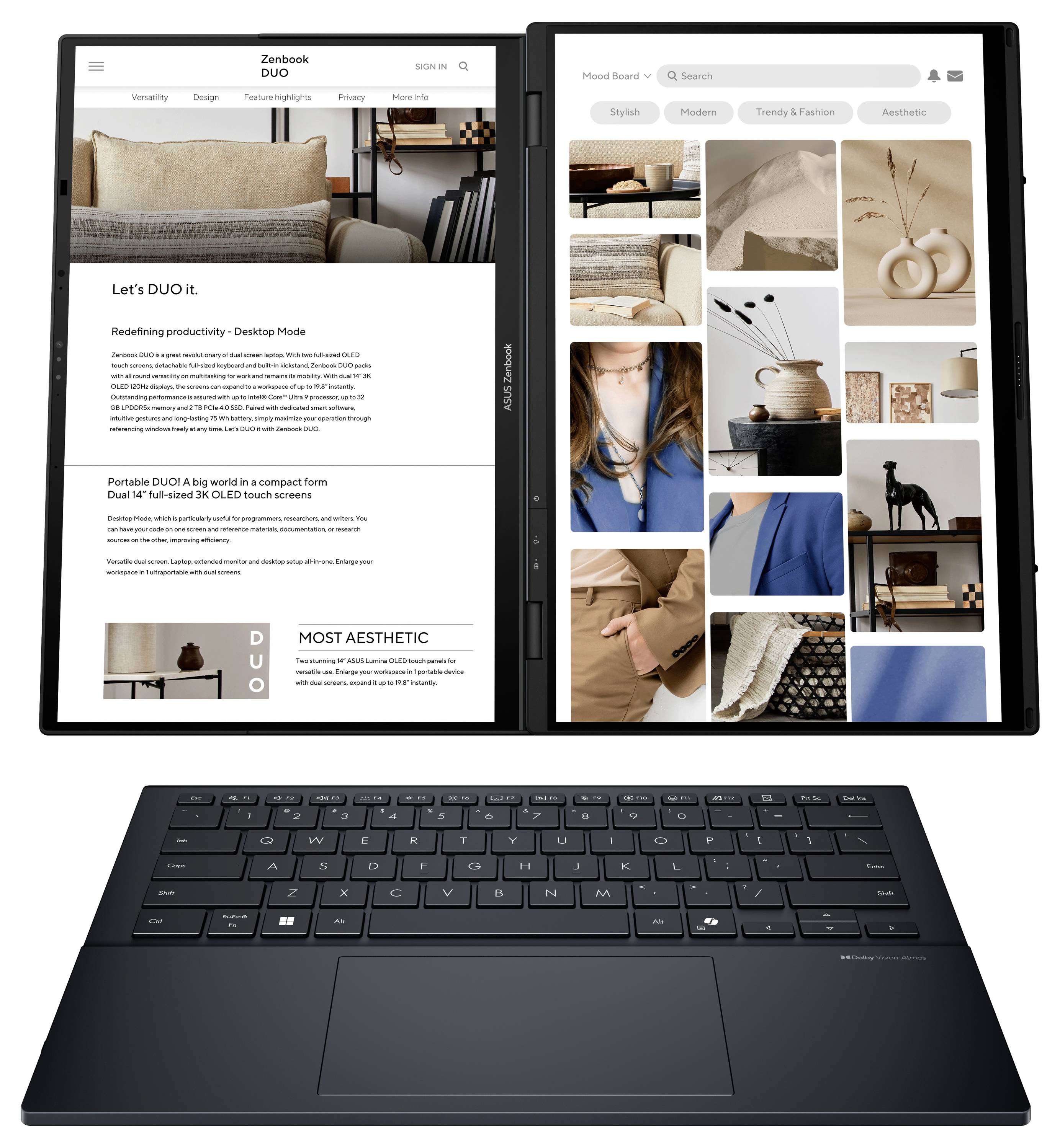 Ein Laptop mit zwei Bildschirmen, auf dem rechten Bildschirm eine Design-Pinnwand und auf dem linken Bildschirm ein Artikel mit dem Titel „Let's DUO it: Produktivität neu definieren - Desktop-Modus", mit einer abnehmbaren Tastatur darunter.