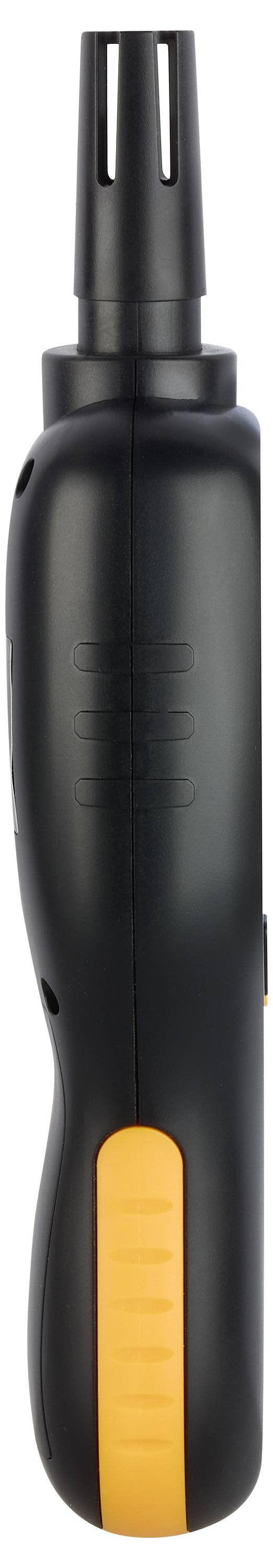 Ein digitales Feuchtigkeits- und Temperaturmessgerät mit schwarzem Gehäuse und orangen Akzenten, ausgestattet mit einer Schutzkappe über dem Sensor.