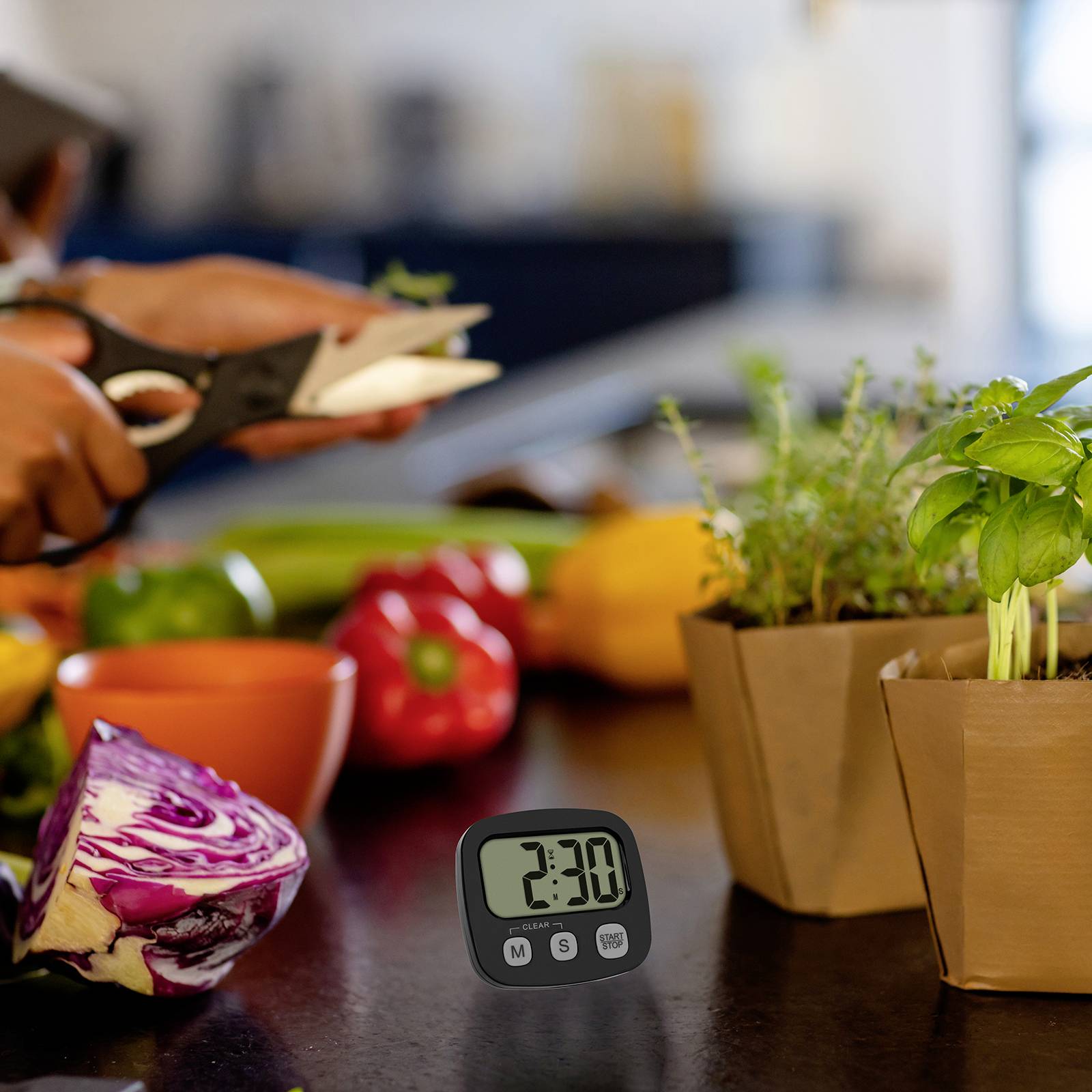 Eine Person, die Kräuter mit einer Schere auf einer Küchenarbeitsplatte schneidet, umgeben von Gemüse wie Kohl und Paprika; ein Timer zeigt '2:30'.