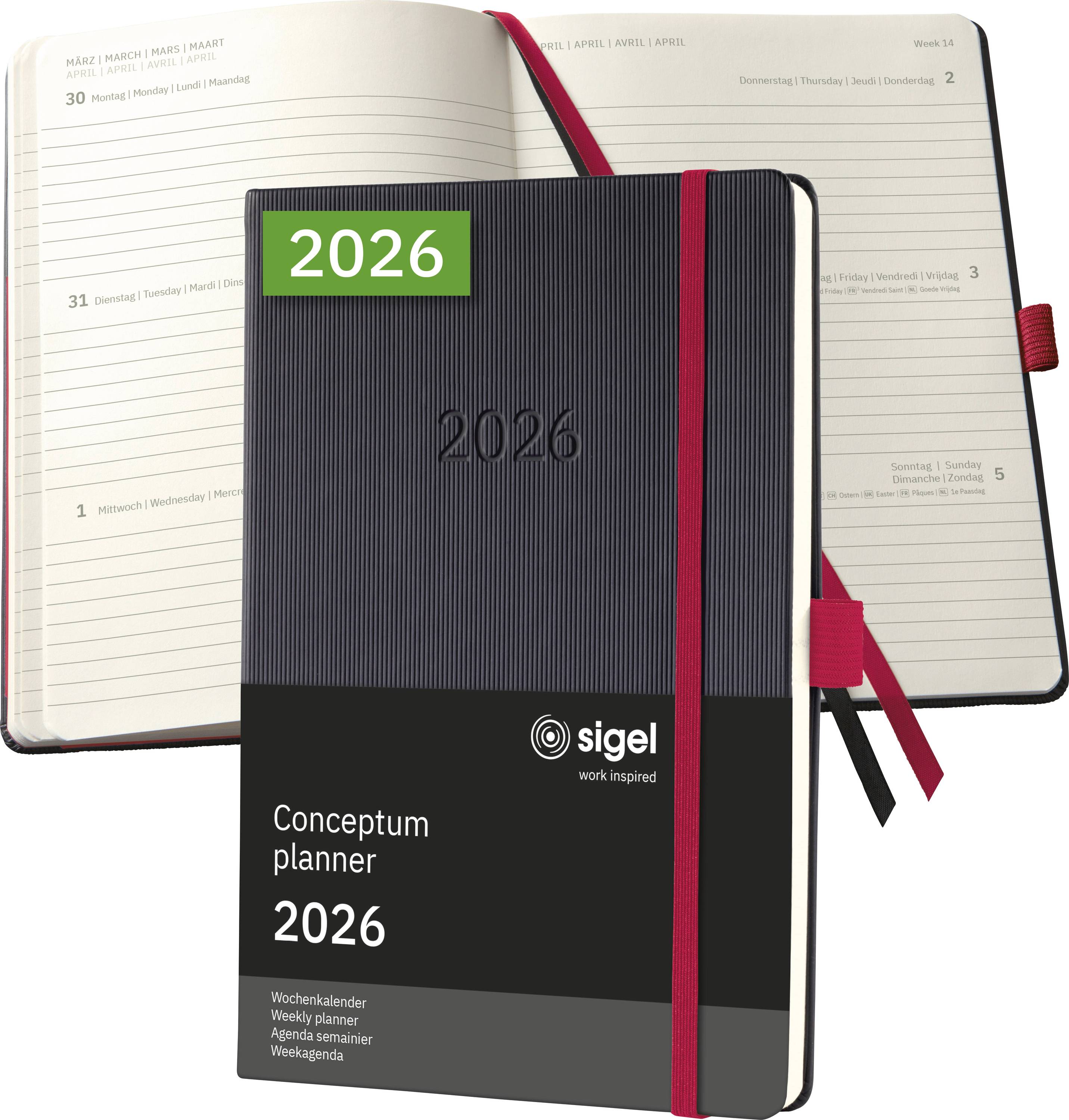Zwei Planer für 2026: einer geöffnet mit Wochenansicht und liniertem Papier; der andere geschlossen, mit Einband, beschriftet mit „Conceptum Planer 2026".