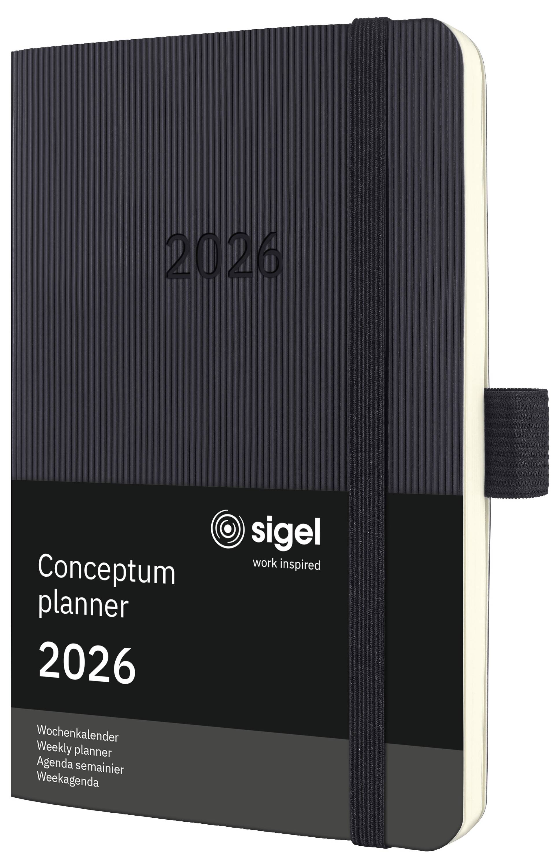 Schwarzes 'Conceptum Planer 2026' Notizbuch mit elastischem Verschluss und Stiftschlaufe, mit strukturierter Oberfläche und dem Jahr '2026' geprägt.