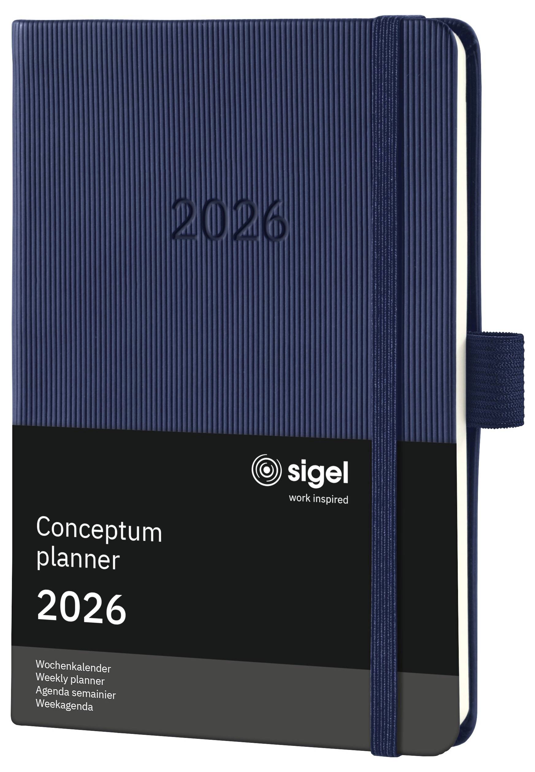 Ein marineblauer Planer für das Jahr 2026 mit 'Conceptum Planer' und 'sigel' Branding auf dem Cover, ausgestattet mit einem elastischen Verschlussband.