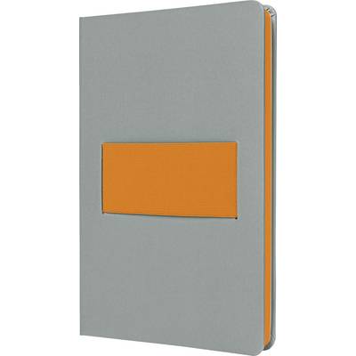 Ein grauer Hardcover-Notizblock mit einem orangefarbenen rechteckigen Band über der Vorderseite.