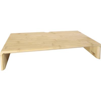 Ein Monitorständer aus Bambus mit minimalistischem Design, der eine glatte, ebene Oberfläche und stabile Beine aufweist und sich hervorragend zur Schreibtischorganisation eignet.