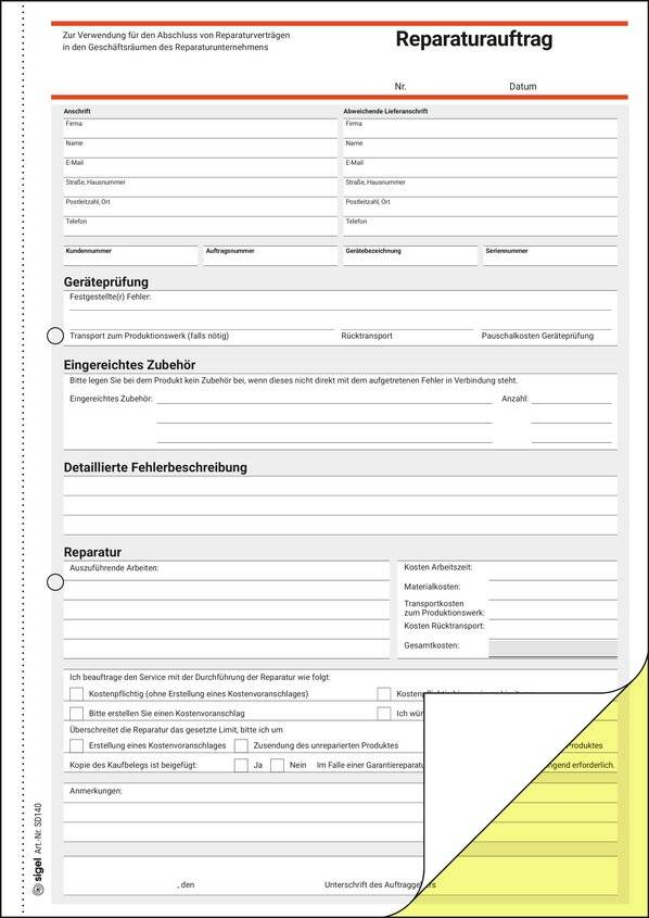 Sigel Reparaturauftrag Formular farbige Durchschläge DIN A4 Anzahl der Blätter: 80 SD140-1