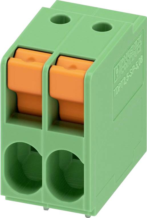 Ein zweireihiger grüner Anschlussblock mit orangefarbenen Hebelverbindern zum Befestigen von Drähten in elektrischen Anwendungen.