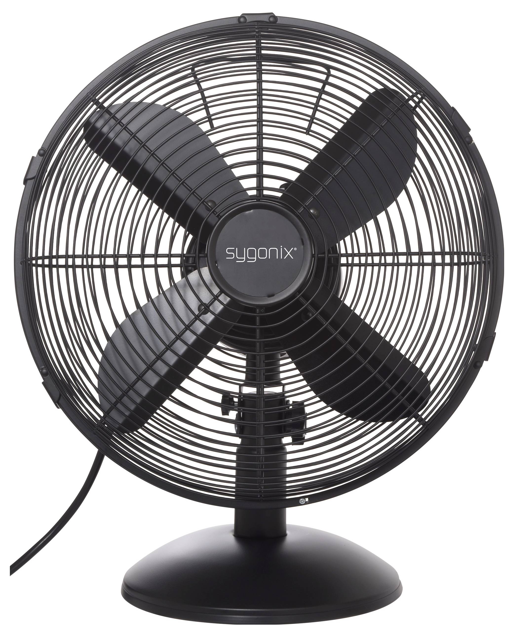 Ein schwarzer Rotationsventilator mit vier Flügeln, mit der Markenbezeichnung 'sygonix', in einem Drahtgittergehäuse, auf einer runden Basis, geeignet für den Innenbereich.