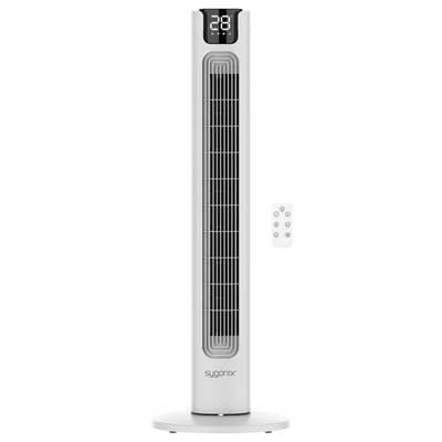 Ein schlanker Turmventilator mit digitalem Display, das '28' zeigt. Verfügt über ein Gitterdesign und wird mit einer Fernbedienung geliefert.
