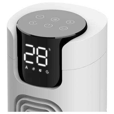 Ein digitales Thermostat, eingestellt auf 28°C, das Symbole für Temperatursteuerung, Stromversorgung und Lüftereinstellungen auf einem schlanken, modernen Gerät anzeigt.