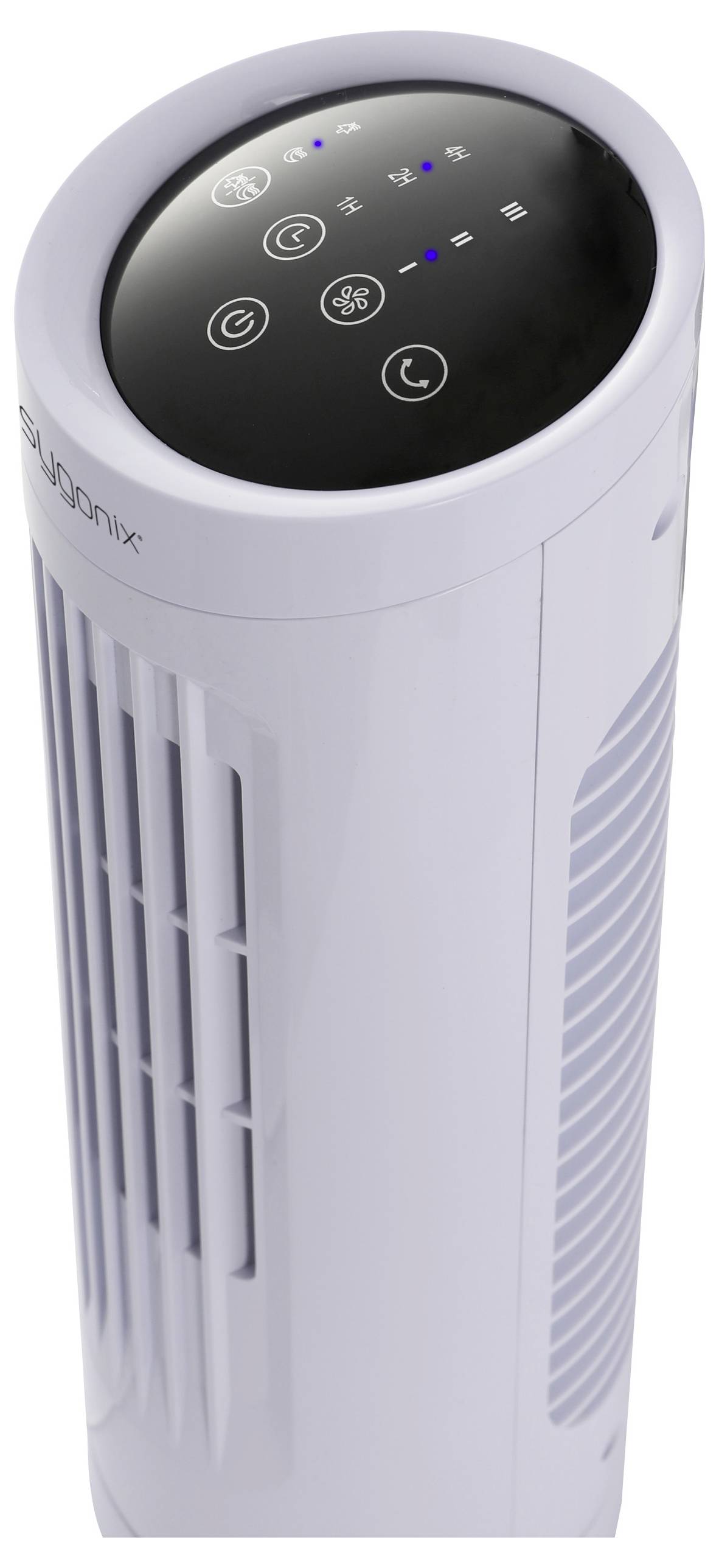 Ein hoher, weißer Luftreiniger mit einer zylindrischen Bauweise, der über ein Bedienfeld mit Touchsteuerung auf der Oberseite verfügt, das verschiedene Betriebssymbole anzeigt.