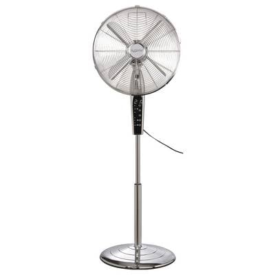 Hoher, silberner Standventilator mit rundem Schutzgitter, verstellbarer Höhe und Bedienfeld am Ständer.