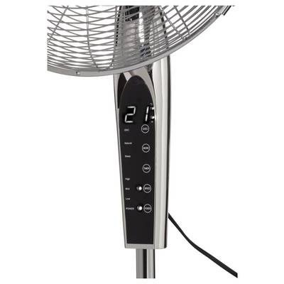 Turmventilator-Bedienfeld mit Einschaltknopf, drei Geschwindigkeitsstufen mit den Bezeichnungen Hoch, Mittel, Niedrig und digitalem Display mit der Anzeige 21.