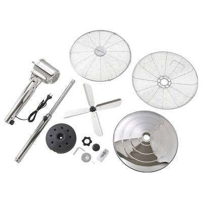 Teile eines Standventilators, einschließlich Motor, Flügel, Schutzgitter, Ständer und Sockel, auf weißem Hintergrund zur Montage angeordnet.