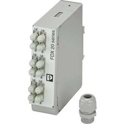 Ein elektronisches Gerät mit der Bezeichnung 'FDX 20 Serie' verfügt über mehrere Anschlüsse und einen Steckverbinder, der für Glasfaserverbindungen konzipiert ist.