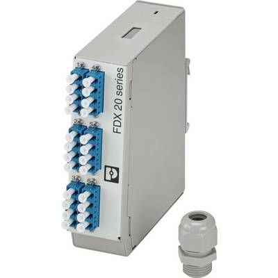 Ein graues elektronisches Gerät mit der Aufschrift "FDX 20 Serie" mit mehreren blauen Anschlüssen wird neben einer kleinen grauen Kabelverschraubung gezeigt.